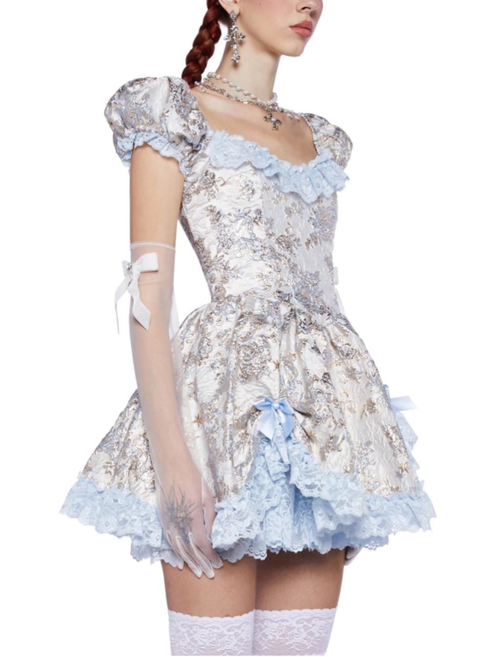 TEA AND CIRCUMSTANCE BROCADE MINI DRESS - BLUE